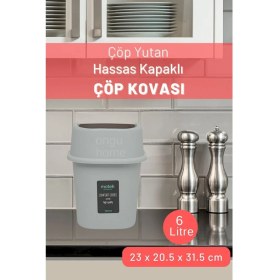 Resim 6l Gri Kapaklı Mutfak Çöp Kutusu, Tezgah Üstü ve Hassas Kapaklı Tasarım 