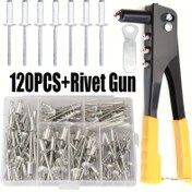 Resim Ağır Hizmet Riveter Seti Pop Rivet Tabancası Blind Rivets Assortment Kit El Aletleri Rivet Somun Aracı + 120 çivi 