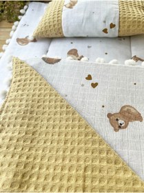 Resim Berço Tavşan Desenli Çift Katlı Müslin ve Waffle Kumaş Alt Açma , Yastık ve Battaniye 3'lü Set 