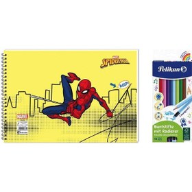 Resim Spider-man 17x25 Spiralli Resim Defteri - Pelikan 12li Kuru Boya 2'li Set Çok Renkli 