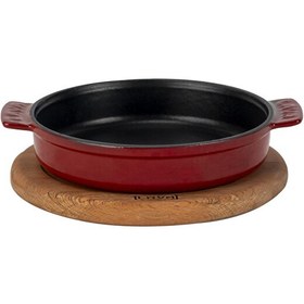 Resim Lava Döküm Yuvarlak Güveç Kabı Döküm Demir Yekpare Çift Kulplu Kayın Servis Ahşabı Çap 17 CM Bordo 