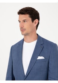 Resim Cacharel İndigo Slim Fit Keten Yün Karışımlı Mikro Desen Mono Yaka Takım Elbise Mavi 
