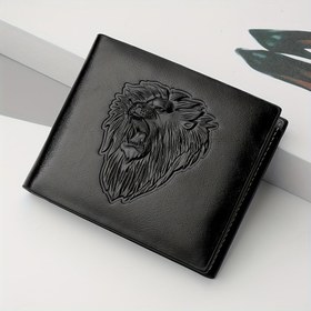 Resim 1 adet Yeni Erkek Aslan Kabartmalı Desen Cüzdan, PU Deri Trifold Para Klipsi, Çoklu Kart Yuvası Fermuarlı Cüzdan, Erkek Cüzdan Hediyesi 