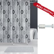 Resim MR DEER Polyester Kumaş Geometrik Desen Gri Banyo Perdesi Askı Aparatı Hediyeli C-halkalı Duş Perdesi 