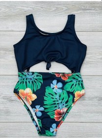 Resim My Kids Wear Kız Çocuk Sırt Detaylı Önden Bağlamalı Desenli Mayo Siyah 