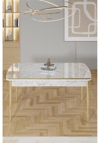 Resim Canisa Rada Serisi 80x132 Açılabilir Lak Panel Beyaz Mermer Desen Masa 4 Cappucino Sandalye Gold Detay Masa Beyaz Mermer Desen Sandalye Cappucino 