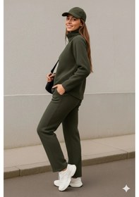 Resim Defymoda Kadın Balıkçı Yaka Fermuar Detay Polar Sweat Ve Pantolon Ikili Takım Haki 