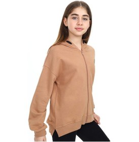 Resim Toontoy Kız Çocuk Kapüşonlu Fermuarlı Düşük Omuz Nakış Baskılı Yırtmaç Detaylı Örme Hırka - 3 İplik Şardonsuz Kahverengi 
