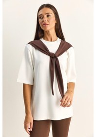 Resim Shade Kadın Şal Detaylı Oversize Basic T-shirt 1094 60286118 - Beyaz-kahve Beyaz - Kahverengi 