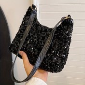 Resim Kadınlar için Şık Siyah Payetli Omuz Çantası - Trend Kore Stili, Hafif Naylon, Sabit Askı, Fermuarlı Kapatma, Polyester Astarlı, Günlük Kapitone Desenli El Çantası 