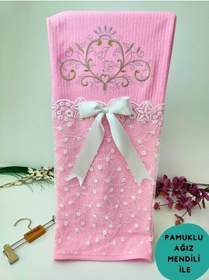 Resim Pembe Kız Bebek Battaniyesi %100 Pamuklu Şık Dantelli Nakışlı Doğal Organik Uyku Örtüsü Yenidoğan Pembe 