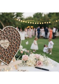 Resim Düğün-nişan- Misafir Hatıra Anı Kutusu-defteri Kalp 50 Cm Lego Modeli Şövale Ve Kalem Hediyeli Ceviz Akçaağaç 