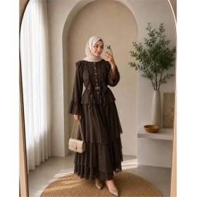 Resim Neşeli Butik Kadın Kahverengi Fırfır Detaylı Üst Kat Kat Volanlı Etek Ikili Tesettür Takım ---NBVQ3159 