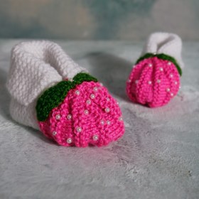 Resim adalshop Çocuk Bebek Patikleri Pembe Çilekli El Örgüsü 
