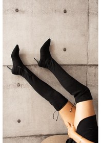 Resim Shoetek Olva Kadın Çizme İnce Topuklu İçten Fermuarlı Streç Siyah Süet Siyah Suet 