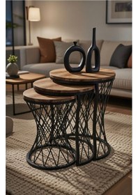 Resim Hasır Telli Model Statik Zigon Sehpa Ahşap Tabla Kahverengi 