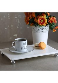 Resim Akayev Mermer Beyaz 30x20 cm Gümüş Boncuk Ayaklı Sunum Tabağı 