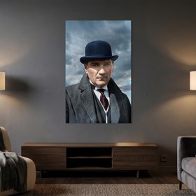 Resim Melon Şapka Atatürk Portre Cam Tablo - Çerçevesiz / 46x72 cm 