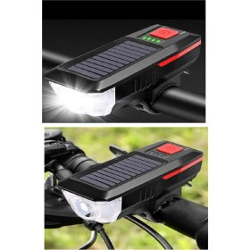 Resim Solar Ledli Bisiklet Feneri Kornalı USB ile Şarj Edilebilir Su Geçirmez Far 