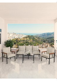 Resim Modern Serisi Bahçe Takımı, Bahçe Mobilyası, Metal Koltuk Takımı - 3+1+1 Sehpalı - Bendir Krem Krem 