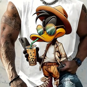 Resim Erkekler için 3D Baskılı Karikatür Ördek Desenli Nefes Alabilen Atlet - Kolsuz Rahat Yazlık Yelek, Fitness, Basketbol ve Açık Hava Aktiviteleri için, Beyaz Renkli Tasarım, Spor Giyim 