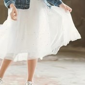 Resim Kızlar için Parlayan Yıldızlı Gökyüzü Kalem Etek - Orta Uzunluk, Dantelli Kaplama ile Payet ve Parıltılı Detaylar, Gençler ve Gençler için Rahat Yazlık Giyim, Rahat Giyim Etek | Payet Süslemeli Etek | Esnek Kumaş 