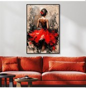 Resim Yağlı Boya Dokulu Tablo Modern Kırmızı Elbiseli Sırtı Dönük Kadın Siyah Çerçeveli U05008-178960 