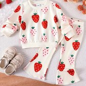 Resim Kızların Sevimli Dış Mekan Rastgele Çilek Baskılı Uzun Kollu Kapüşonlu + Çilek Baskılı Pantolon İki Parça Takım P101816, Dış Mekan İçin Mükemmel 