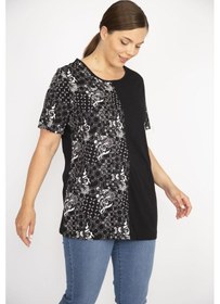 Resim Kadın Siyah Büyük Beden Pamuk Kumaş Desen Kombinli Bluz-siyah Siyah 