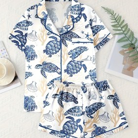 Resim Kadın Pijama Seti - Yumuşak Pembe Kısa Kollu, Polyester, Tüm Mevsimler İçin Rahat, Kaplumbağa Desenli Rahat Ev Giyimi, Rahat Ev Giyimi|Oyuncağı Desen|Polyester Kumaş 
