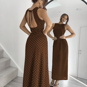 Resim Elegant Navy Blue Polka Dot Maxi Elbise Bağcıklı Detaylı - Kolsuz, Yuvarlak Yaka, Kadınlar İçin Akışlı Tasarım - Bahar/Yaz İçin Mükemmel, Sevimli Elbise 