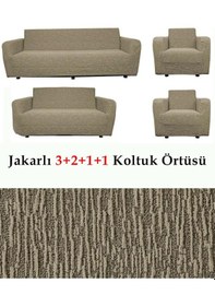 Resim StarMall Jakarlı Çubuk, Düz Desen 3 2 1 1 Lastikli Koltuk, Kanepe, Çekyat Örtüsü, Kılıfı Esnekli Vizon 
