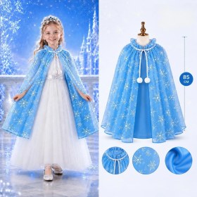 Resim MiraLive Kar Tanesi Desenli Mavi Elsa Pelerini - Astarlı Frozen Pelerini 85 cm 