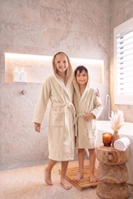 Resim CottonVerse Genç & Çocuk Kapşonlu Bornoz - %100 Pamuk, Unisex Ekru - Ekru / 7-8 Yaş 