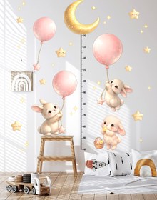 Resim Pembe Balonlu Tavşanlar - Ay Işığında Büyüme Yolculuğu | Boy Ölçer Çocuk Odası Duvar Sticker - 114x40 cm / Renkli / Boy Ölçer 