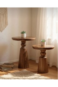 Resim AYLESA Doğal Ahşap 2’li Set Mantar Yan Sehpa Modern Fiskos Zigon Çiçeklik 