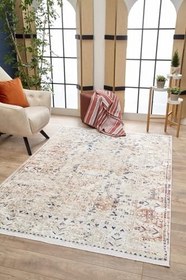 Resim Kamalia Krem Modern Geometrik Etnik Eskitme Desenli Boho Makinada Yıkanabilir Hafif Hav Toz Vermez Leke Tutmaz Kaymaz Taban Dijital Makine Baskı Halı Oturma Odası Salon Yolluk Koridor Mutfak Halısı 