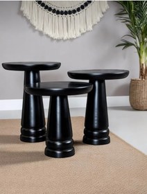 Resim AYLESA Doğal Ahşap 3’lü Set Mantar Yan Sehpa Modern Siyah Renk Fiskos Zigon Çiçeklik 