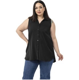 Resim Büyük Beden Sırtta Plikaşe Detaylı Kolsuz Siyah Gömlek Siyah 