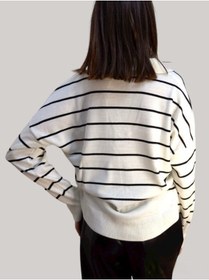 Resim boutique venüs V Polo Yaka Triko Çizgili Kazak Beyaz Renkli Standart Beden 