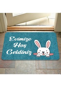 Resim Dijital Baskılı Kapı Önü Paspas Hoşgeldiniz Yazılı Çiçek Desen Ve Tavşan Iç Ve Dış Kapı Yıkanabilir Gümüş 