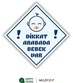 Resim HAPPY NESSO "DİKKAT ARABADA BEBEK VAR - EMZİKLİ MAVİ" Uyarı Stickerı | Araba Camı İçin 10x10 cm Etiket 
