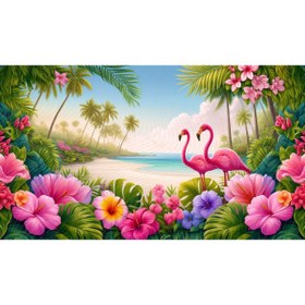 Resim Venspor Tropikal Flamingo ve Çiçeklerle Süslenmiş Sahil Arka Planı, 200x150cm Fon Duvar Örtüsü 