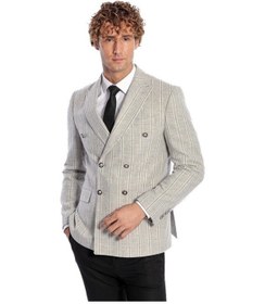 Resim Geniş Yaka Çizgili Kruvaze Gri Yün Erkek Ceket Taba 