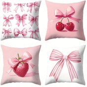 Resim 4 Adet Dekoratif Yastık Kılıfı - Pembe Kurdele & Çilek Kiraz Desenli, 45.01x45.01 cm Kare, Yumuşak Açık Bej Kumaş, Fermuarlı, Makinede Yıkanabilir, Kanepe ve Oturma Odası Dekoru (İçlik Hariç), Rahat Ev Stili, Eğlenceli Tasarım, Dayanıklı Kılıf, Aksesuar Yastıklar, Ev Dekorasyonu 