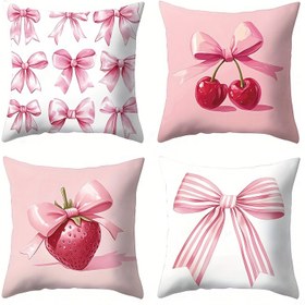 Resim 4 Adet Dekoratif Yastık Kılıfı - Pembe Kurdele & Çilek Kiraz Desenli, 45.01x45.01 cm Kare, Yumuşak Açık Bej Kumaş, Fermuarlı, Makinede Yıkanabilir, Kanepe ve Oturma Odası Dekoru (İçlik Hariç), Rahat Ev Stili, Eğlenceli Tasarım, Dayanıklı Kılıf, Aksesuar Yastıklar, Ev Dekorasyonu 