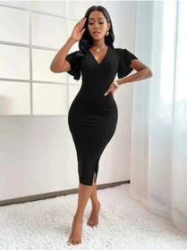 Resim ARONA MDB Kadın Kısa Kollu Derin Dekolte V Yakalı Yırtmaçlı Midi Janjan Krep Elbise 