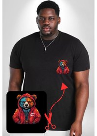 Resim Angemiel Kırmızı Hoodie Ayı Siyah Büyük Beden Kadın Basic Minimal Baskılı Tişört Siyah 
