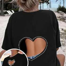 Resim Kadınlar için Rahat Kısa Kollu T-Shirt, Rhinestone Kalp ve Gökkuşağı Süslemeleri - Parıltılı Kristal Baskı, Ön ve Arka Tasarım, Yuvarlak Yaka, Hafif Yaz Üstü, Günlük Kıyafet için, Bayan T-Shirt 