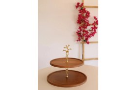 Resim Justwood 2 Katlı 25/30 Cm Gold Çiçekli Ahşap Kek Sunum Standı, Servis Sunum Tabağı, Ikramlık 